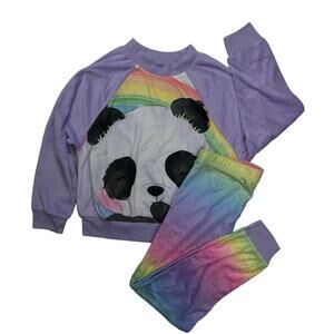 Small (6/6X) Girls 2pc Jellifish Purple Rainbow Panda Pajama PJ Sleepwear Set